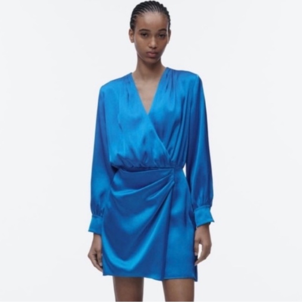 Zara Cobalt Blue Long Sleeve Satin Dress